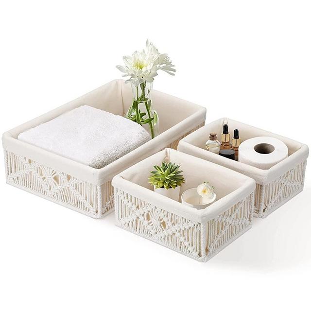 Bellzacasa Storage Baskets Boho Decor with Removable Cloth Liner Toilet Paper Basket Decorative Woven Basket for Countertop Shelf Cabinet Organizer for Bedroom Nursery Living Room Set of 3