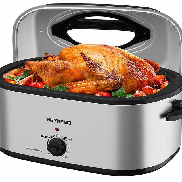 28 Quart Electric Roaster Oven with Visible & Self-Basting Lid, Large Turkey Roaster with Defrost Warm Function, Adjustable Temperature, Removable Pan Rack, Stainless Steel, Silver