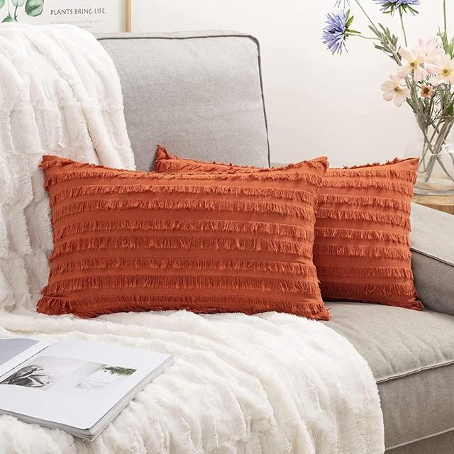 MIULEE Set of 2 Decorative Boho Fall Autumn Throw Pillow Covers Linen Striped Jacquard Pattern Cushion Covers for Sofa Couch Living Room Bedroom 12x20 Inch Burnt Orange