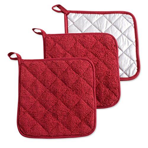DII 100% Cotton, Terry Pot Holder Set Machine Washable, Heat Resistant, 7 x 7, Barn Red, 3 Piece