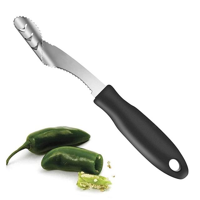 Jalapeno Pepper Corer,FIOTOK Stainless Steel Chili Corer Remover kitchen Tool with Serrated Slice and Rubber Handle Easily Seed Remover or Slice off Vegetables tops for Barbecue Roasting Peppers