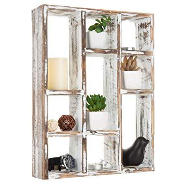 MyGift Vintage Whitewashed Wood Freestanding & Wall Mountable 9-Slot Shadow Box Display Shelf