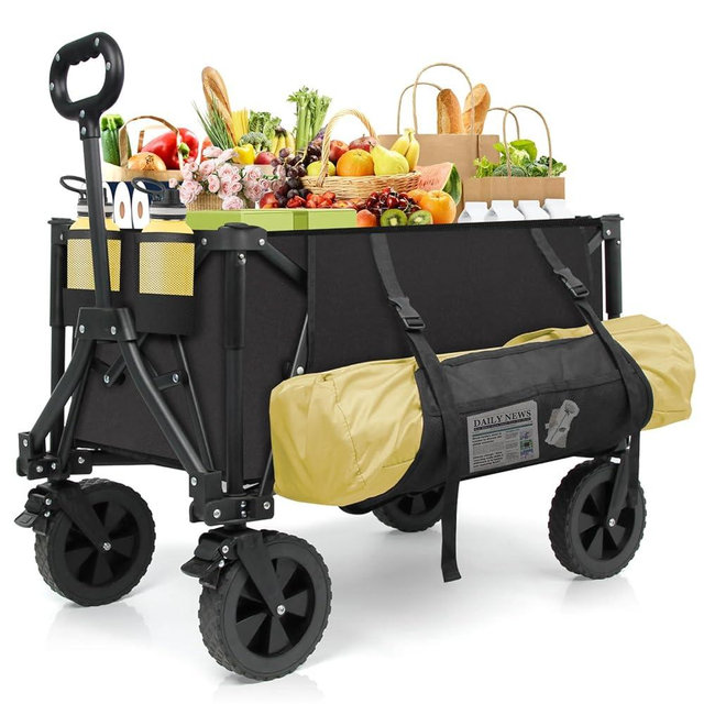 Wagons Carts Foldable Collapsible Wagon Utility Cart 300lbs 130L with Side Pocket and Brakes for Beach Garden Shopping Camping Sports
