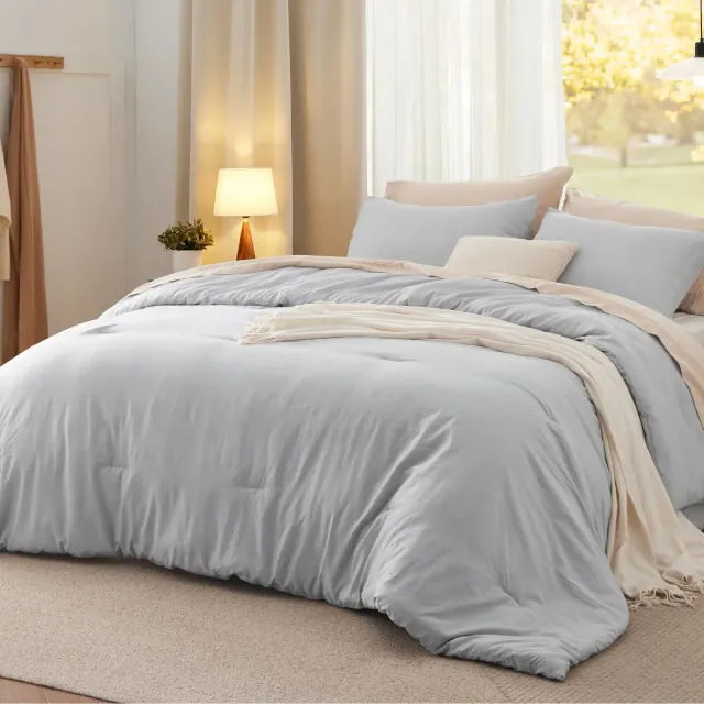 Bedsure Full Size Comforter Set Light Grey Soft Prewashed Bedding for All Seasons 3 Pieces GentleSoft™ Warm Down Alternative Bed Set Valentine Gift