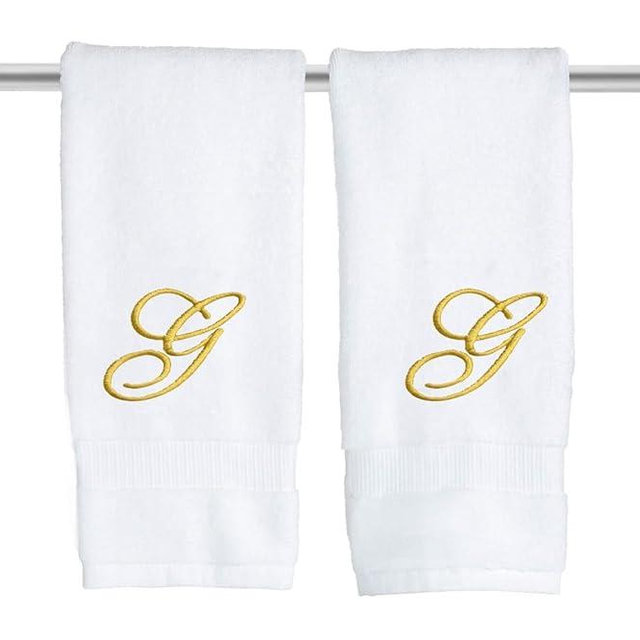Decorvo White Monogrammed Hand Towels for Bathroom - Luxury Hotel Quality Personalized Initial Embroidered Towel for Powder Room, Spa - GOTS Organic Certified - Set of 2 Gold Letter G