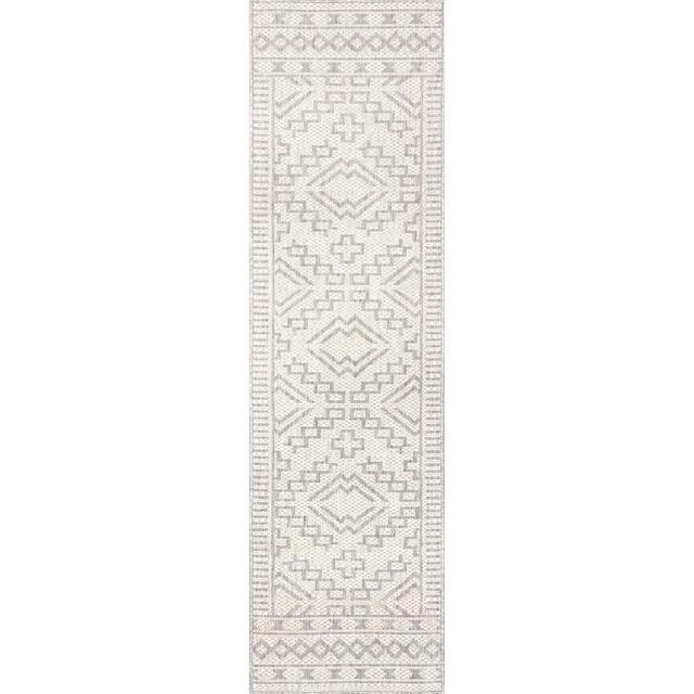 Nuloom Cari Geometric 2x8 Indoor/Outdoor Runner Rug for Living Room Patio Deck Front Porch Entryway Hallway Kitchen, Grey/Ivory
