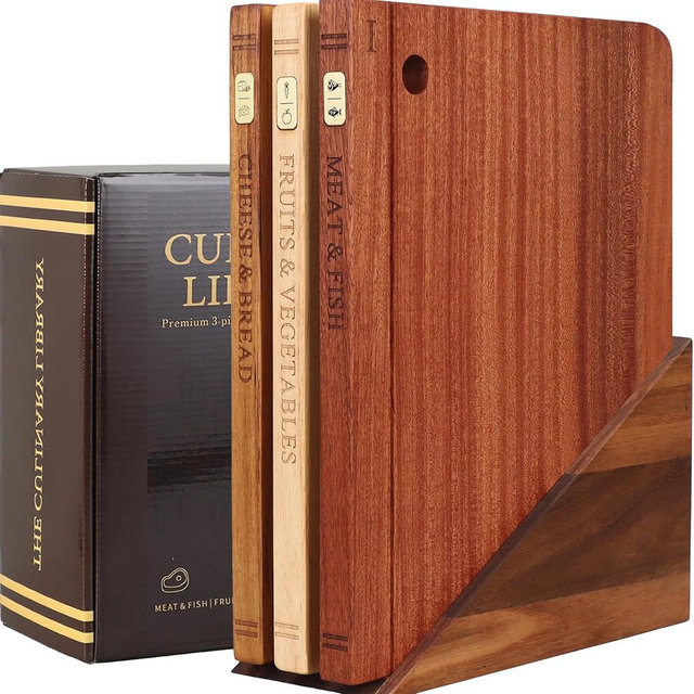 Wood Book Cutting Board Set with Stand, Wooden Cutting Boards for Kitchen,Knife Friendly Decorative Board that Look Like Books, Easy to Store & Clean,Unique Gift for Book Lovers & Home Cooks