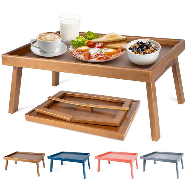 Bmboryxa Bamboo Bed Table Tray with Support Bar and Foldable Legs, Breakfast Food Trays Table for Bed Sofa Eating and Laptops, TV Lap Tray Table on Couch (Applied for Invention Patent)
