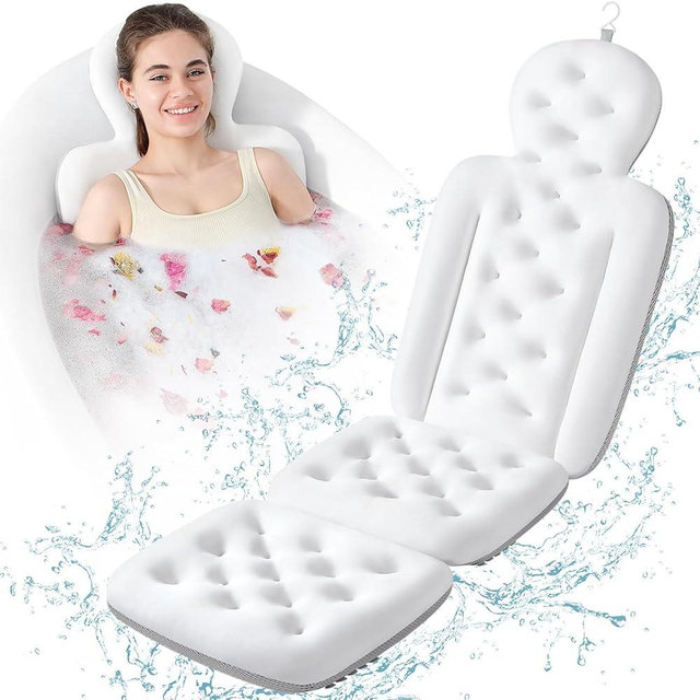 Luxury Bath Cushion, Full Body Bathtub Pillow with 160 Suction Cups, Bath Mat for Head and Neck Support, with Laundry Bag (White, 51.2" x 16.2")