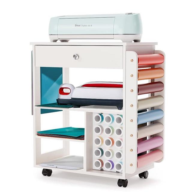 Crafit Organization and Storage Cart Compatible with Cricut Machine, Rolling Craft Storage Organizer with Vinyl Roll Holder, Crafting Cabinet Table Workstation for Craft Room Home - Compact Removable