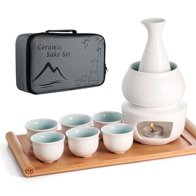 Dltsli Ceramic Sake Set with Warmer Pot Bamboo Tray, Stovetop Porcelain Pottery Hot Saki Drink Bottle, 10pcs Set 1 Stove 1 Warming Bowl 1 Sake Bottle 1 Tray 6 Cup Keep Sake Storage Gift Box (White)