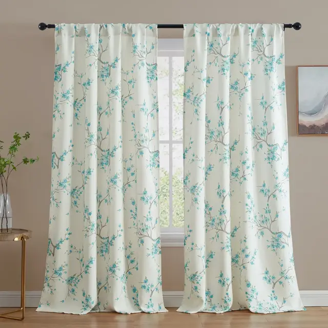 HLC.ME Jasmine Floral Patterned Window Rod Pocket Curtains - Light Blocking Darkening Window Panels, Set of 2 - Teal Blue, 52 W x 96 L