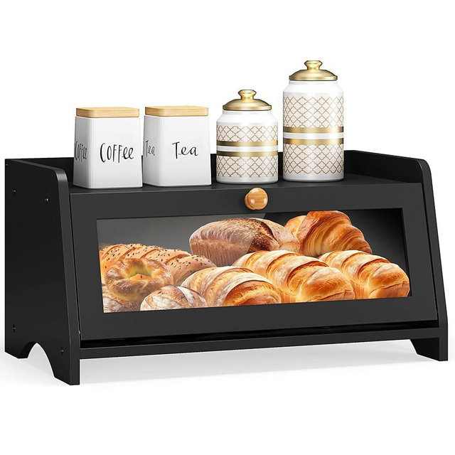 JANSNIMEN Bread Box for Kitchen Countertop, Large Bread Container Storage, Wooden Farmhouse Bread Box with Window Bread Holder (Black)