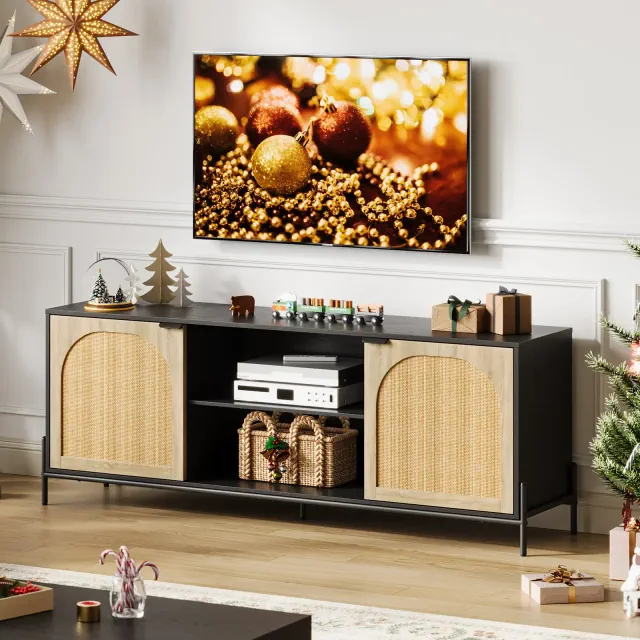 WhizMax Rattan TV Stand for 75 inch TV, Entertainment Center with Storage, 65 Inch TV Console Table for Living Room, Bedroom, Black