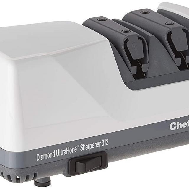 Chef's Choice 312 UltraHone Electric Knife Sharpener for Straight and Serrated Knives Diamond Abrasives Precision Angle Control Made in USA, 2-Stage, White