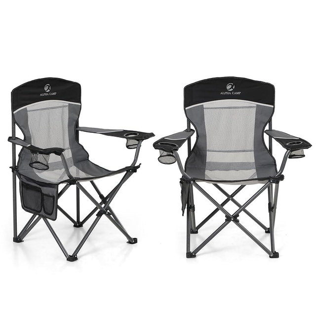 LET'S CAMP 2 Pack Mesh Back Camping Chair Portable Folding Heavy Duty Outdoor Chair Support 330 LBS Durable Large Arm Chair with Cup Holder and Carry Bag for Camp, Fishing, Hiking, Black