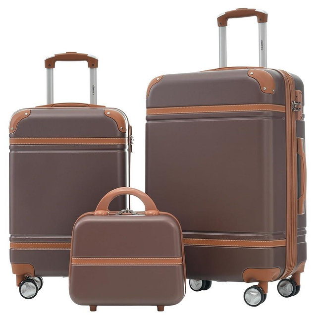Merax Luggage Set, 2 Piece Luggage with Cosmetic Case, Vintage Hardcase Suitcase with Wheels, Expandable Luggage Airline Approved(Brown,20"+24")