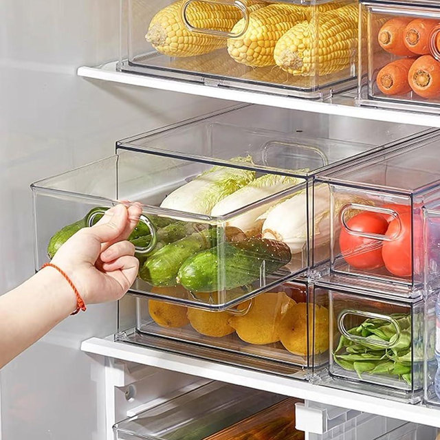 Fridge Drawers, 3-Pack LALASTAR Clear Stackable Pull Out Refrigerator Organizer Bins, Food Storage Containers for Kitchen, Freezer, Vanity & Fridge Organization and Storage (2 Small+1 Medium)