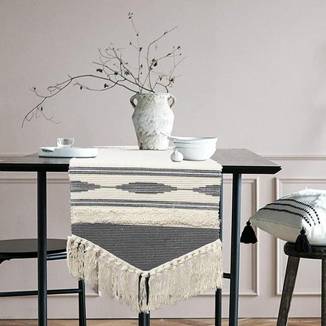 KIMODE Moroccan Fringe Table Runner 14 in x 102 in, Bohemian Geometric Cotton Handmade Woven Tufted Tassels Farmhouse Dinning Table Linen Machine Washable Minimalist Home Decorative