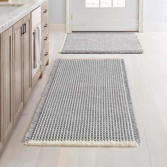 MIULEE Set of 2 Waffle Bathroom Rugs, Boho Bath Rugs Non Slip Washable, Super Absorbent Bath Mats, Ultra Soft Rubber Backed Shower Mats for Bathroom Floor, Tub, LightGrey & Cream, 17"x24"+18"x30"