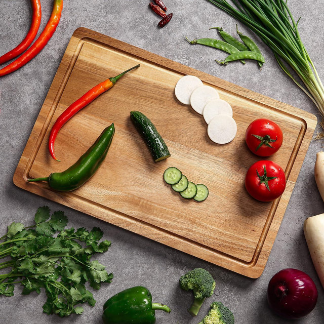 18x12 Large Acacia Wooden Cutting Board for Kitchen, Edge Grain Wood Chopping Board with Juice Groove and Handles, Pre-Oiled Carving Tray for Meat