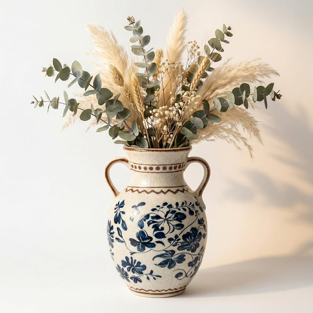 EFISPSS Ceramic Vintage Vase,Spring Decor Unique Chinese Crackle Floral Handle for Dining Room Mantle Living Room,Blue
