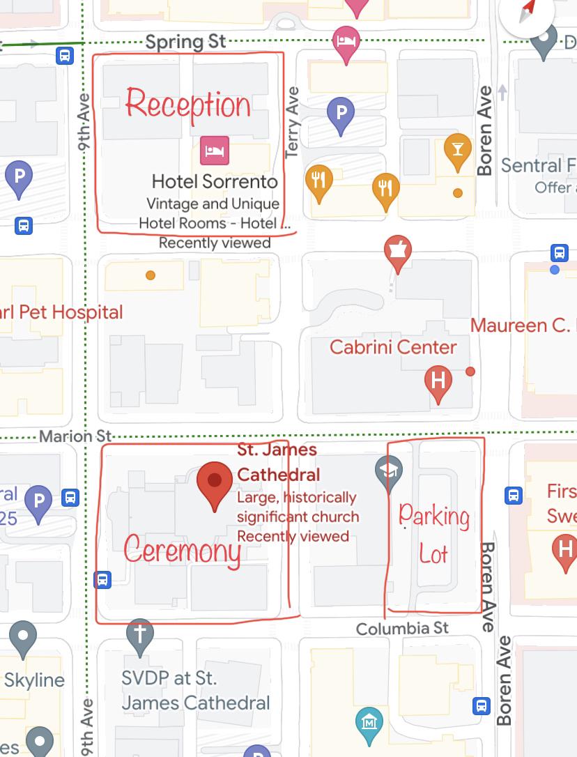 Map of where to park, ceremony venue, and reception venue.