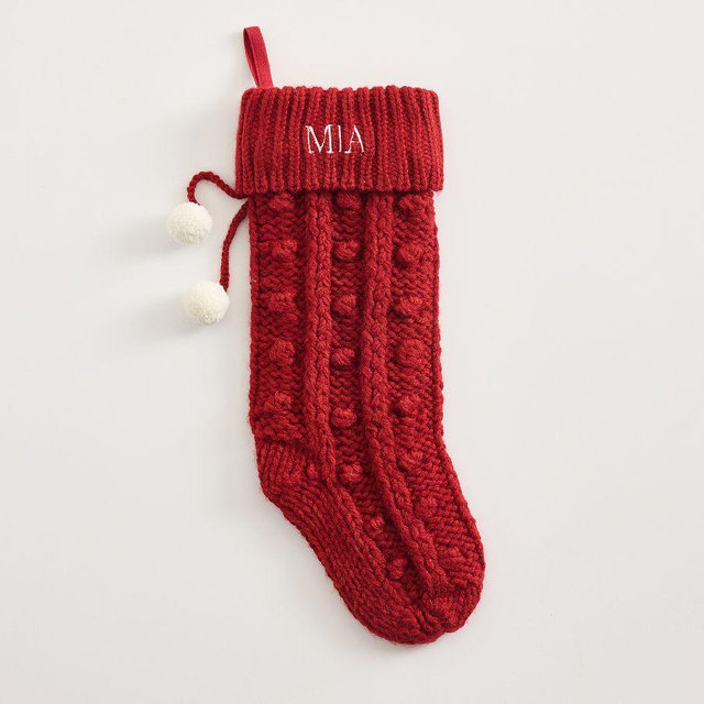 Knit Pom Pom Stocking Medium Red