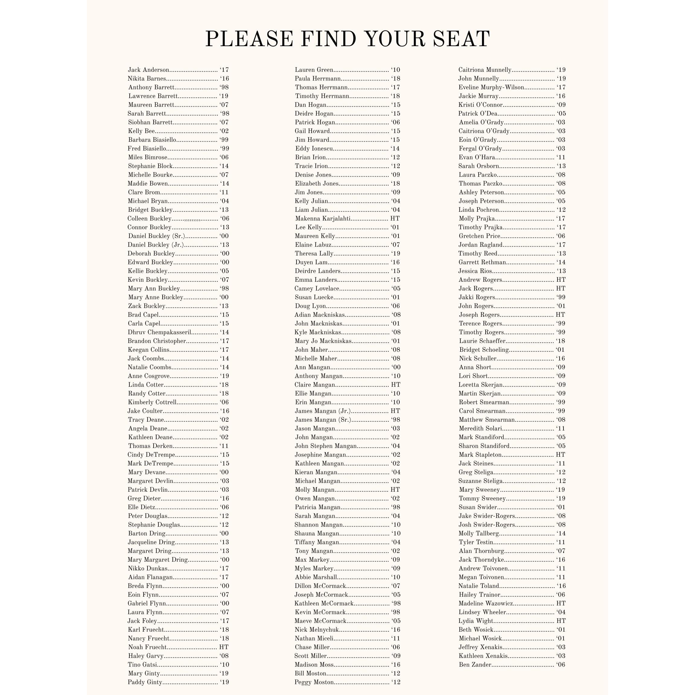 Table Seating Chart