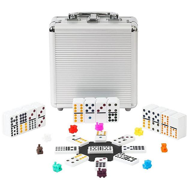 Double 12 Coloured Dot Dominoes Mexican Train Game Set with Aluminum Case, 91 Tiles 9 Trains, Scoreboard, Octagon Shape Hub
