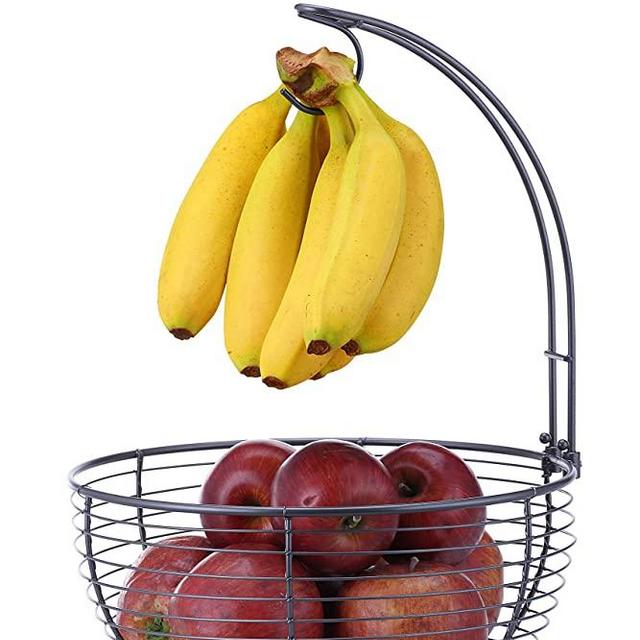 SunnyPoint Tabletop Wire Fruit Basket Bowl Stand with Banana Hanger, Black