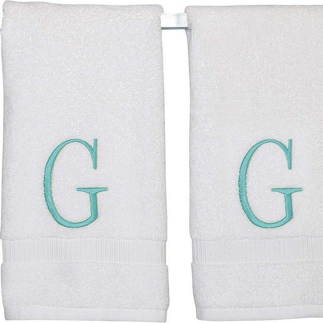 Decorvo Teal Powder Room Hand Towel - Monogram Initial Hotel Quality Decorative Embroidered Luxury Towel for Spa - GOTS Organic Certified - Pack of 2, Letter G