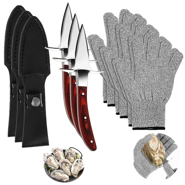 wutfuooo 3 Set Oyster Shucker, Oyster Shucking Knife for Oyster Clam Pearl Shell Shucking, Shucking Tool Kit, 3 Stainless Steel Oyster Knifes with Wooden Handle 3 Pairs Oyster Shucking Gloves