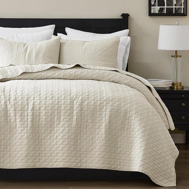 palassio Beige 100% Cotton Quilt Twin Size Bedding Sets with 1 Pillow Sham, Textured Lightweight Soft Bedspread Shabby Chic Coverlet, Neutral Quilted Comforter Bed Cover for All Season, 2 Pieces