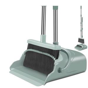 Upgrade Broom and Dustpan Set, Large Size and with Long Handle, Upright,Ideal for Indoor Outdoor Garage Kitchen Room Office Lobby Use (Green)