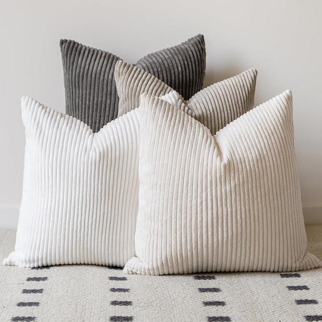 LANANAS Neutral Couch Throw Pillow Covers 18x18 Inch Set of 4 Decorative Farmhouse Boho Throw Pillows for Living Room, Couch, Bed, Sofa Soft Corduroy Accent Home Decor (Neutral, 18x18 Inch)
