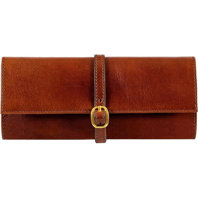Time Resistance Leather Jewelry Roll - Full Grain Leather Travel Jewelry Case - Jewellery Organizer Made in Italy (Cognac Brown)