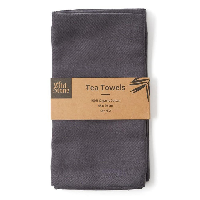 Wild & Stone | Organic Cotton Tea Towel | Herringbone Weave | Cotton Kitchen Towels | Set of 2 (Slate Grey)