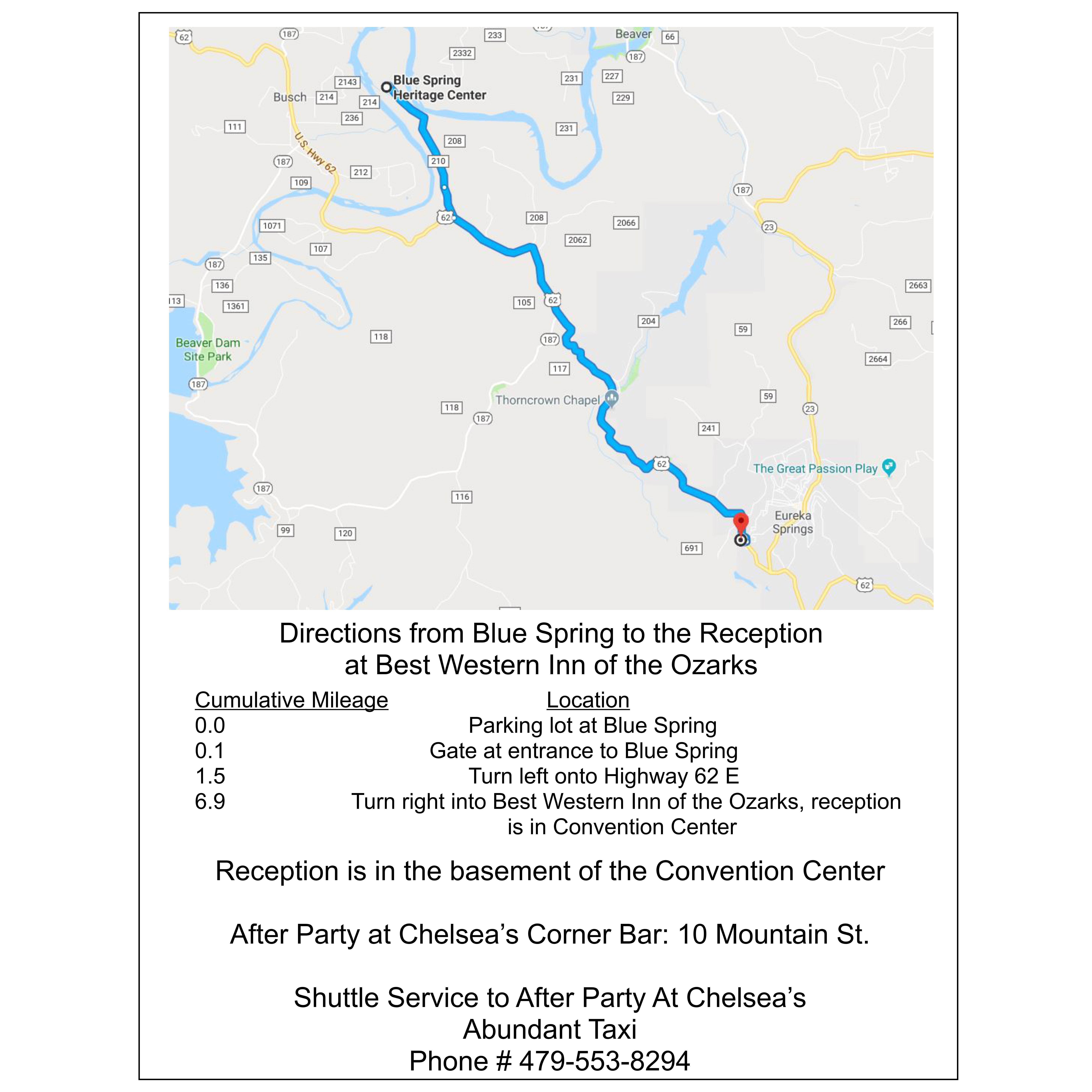 Directions from the wedding to the reception at Best Wester Inn of the Ozarks, also contains After Party info- for screen capture