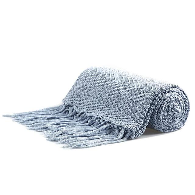 Longhui bedding Fringe Knit Cotton Throw Blanket, 60 x 80 Inches Decorative Knitted Cover with 6 Inches Tassels, Bonus Laundry Bag – 4.8lb Weight, Couch Blankets, Blue Grey