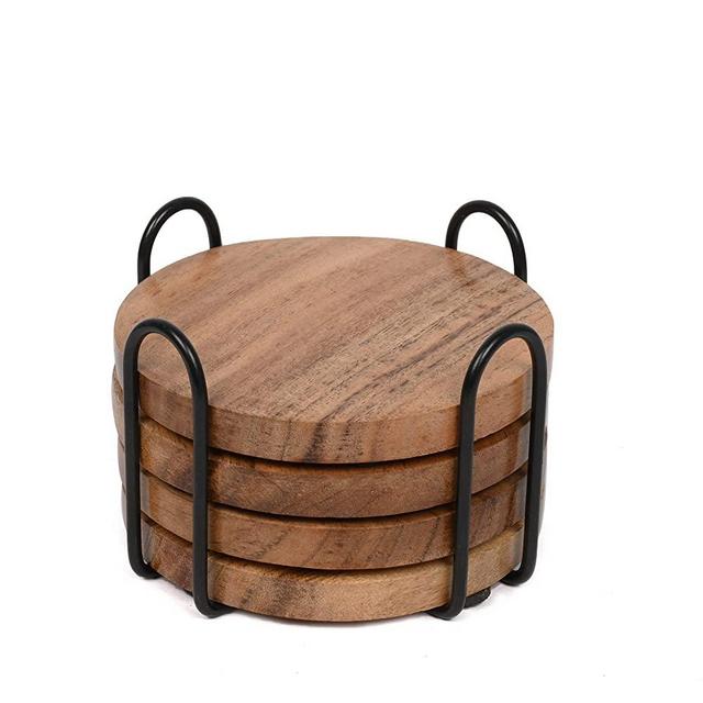 EDHAS Acacia Wood Coasters for Drinks with Iron Holder Stand for Coffee Table, Tabletop Protection Decor, Set of 4