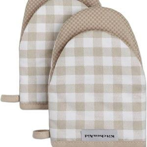 KitchenAid Gingham Mini Oven Mitt 2-Pack Set, Milkshake Tan, 5.5"x8"