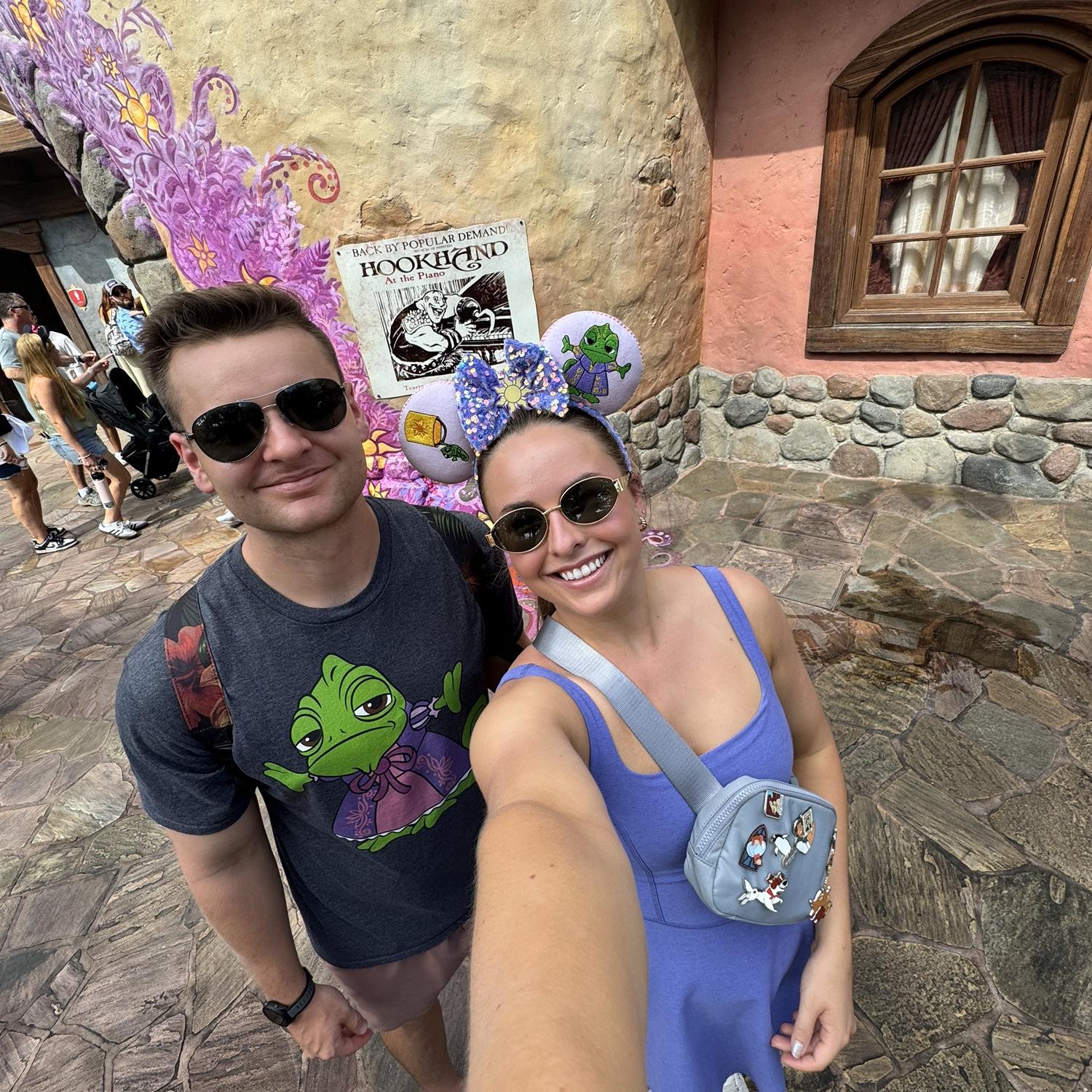 Sept 2024: Here we are at Disney World’s Magic Kingdom, decked out in all Tangled gear, right next to the Tangled bathroom; Sam’s favorite Disney movie!