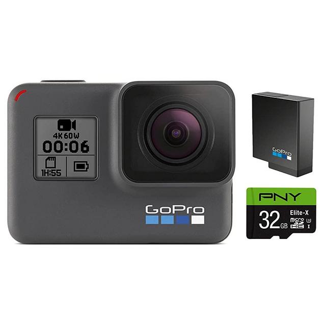 GoPro HERO6 Black + Extra Battery + PNY Elite-X 32GB microSDHC Card - E-Commerce Packaging - Waterproof Digital Action Camera with Touch Screen 4K HD Video 12MP Photos Live Streaming Stabilization