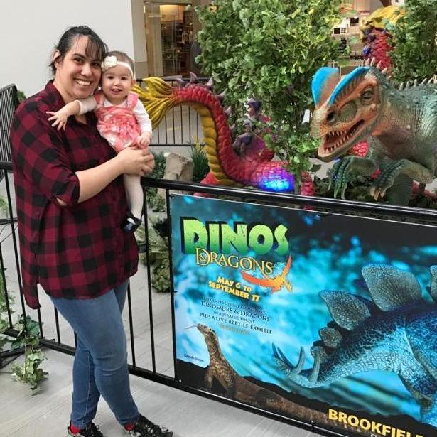 Jen & Mikayla with the Brookfield Zoo promo dinosaur for their Dinos & Dragons Exhibit