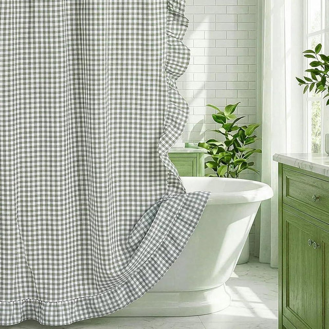 HunnmingRe Ruffled Gingham Shower Curtain 72 x 72 Inch Sage Green Cotton Vintage Farmhouse Rural Plaid Shower Curtain with 12 Hooks for Bathroom Bathtubs Decor