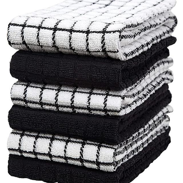 Premium Kitchen Towels (16”x 28”, 6 Pack) – Large Cotton Kitchen Hand Towels – Check Design – 380 GSM Highly Absorbent Tea Towels Set with Hanging Loop – Black
