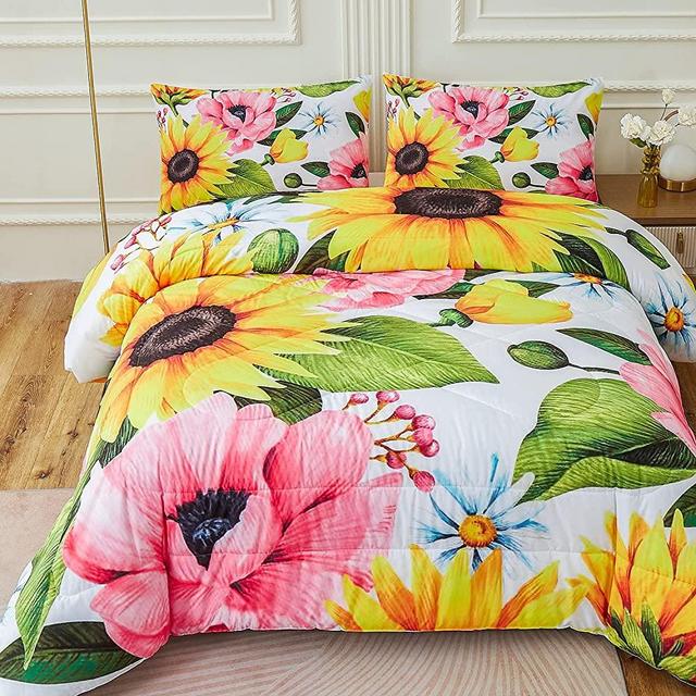 Namoxpa Sunflower Comforter Sets,Floral Seamless Pattern with Decorative Sunflowers, Poppies, Daisies and Leaves,Decorative Bedding Comforter Sets with 2 Pillow Shams, Queen Size