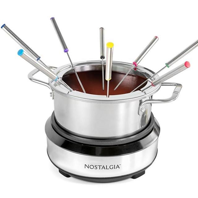 Nostalgia 8-Cup Electric Fondue Pot Set for Cheese & Chocolate - 8 Color-Coded Forks, Temperature Control - Kitchen Gadgets and Appliances for Hors d'Oeuvres and More - Stainless Steel