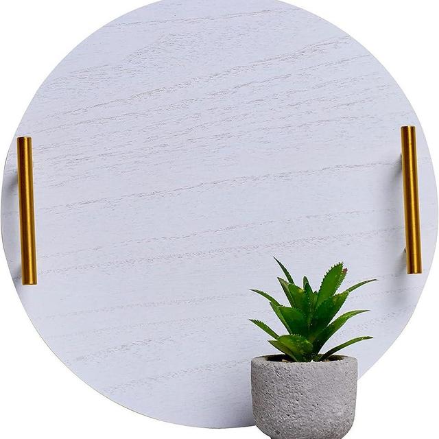 Defined Deco Round Wood Tray,Decorative Tray and Round Serving Tray, 11.6" Round Tray with Gold Metal Handles, Decorative Trays for Home Decor,Coffee Table and Ottoman, Farmhouse Serving Tray, White